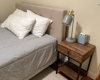 Queen fabric bed & bedside table
