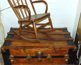 ANTIQUE STEAMER IMMIGRANT TRUNK & CHILD'S BENTWOOD ROCKING CHAIR