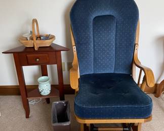 Vintage glider chair, antique corner table, decor