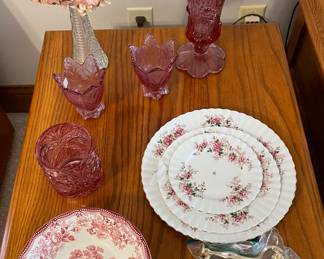 Fenton, cranberry glass tulip candleholders, Fenton dusty rose vase, Royal Staffordshire  bowl, Royal Albert three tier  platter