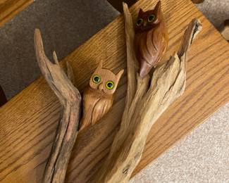 Hand carved wooden owls