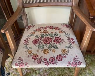 Mid Century Slat Top of Chairs, Needlepoint Fabric Dining Chairs