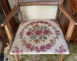 Mid Century Slat Top of Chairs, Needlepoint Fabric Dining Chairs
