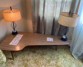 Mid Century Abstract PAIR Table Lamps, Original Fiberglass Shades