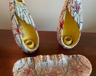Mid Century Drip Glaze Italian, Ashtray, Candlesticks