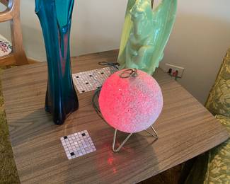 Mid Century Mosaic Tile Table, Mid Century Viking Glass, Mid Century Snowball Lucite Lamp