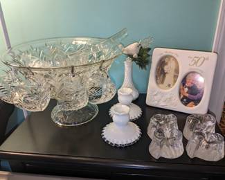 Punch bowl, Fenton and Galway crystal candle holders...