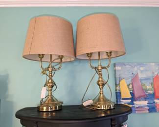 Pair of solid brass dual bulb table lamps