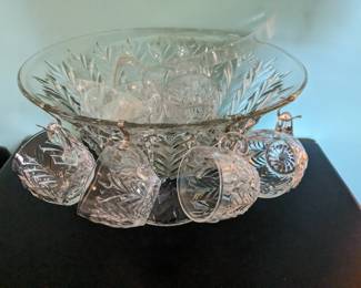 Feathered punch bowl set with cups and base