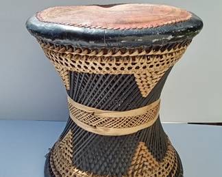 African Leather Topped Rattan Drum Stools