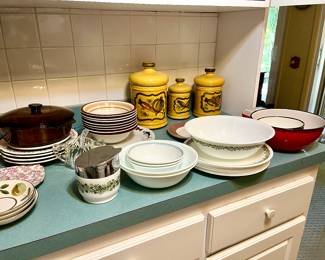 Vintage corningware, plates, bowls, canisters.