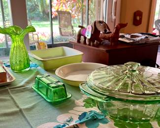 Vtg. MSE Green Lidded Casserole Dish, Green Glass Butter Dish Depression Style, Vintage Pyrex Lime Green 8" Square and 9" Pie Pans