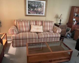 Cute, vintage sofa, and coffee table.