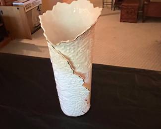 Vintage Mid Century Ruffled Porcelain Flower Vase Floral & House by Joy 8 3/4"