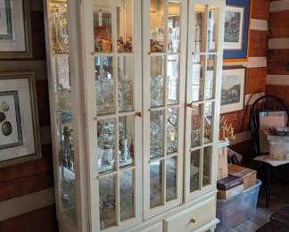 Beautiful While China Cabinet with Light, Crystal Glasses, Vintage Clear Glassware