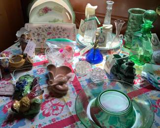 Assorted Vintage Colorful Glassware, Vintage Syrup Pitchers, Vintage Ceramic Wall Pockets