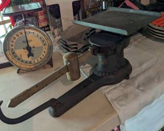 Vintage Howe Cast Iron and Brass Balance Beam Scale 1932, and Vintage Triner Air Mail Scale Postal Mid-Century