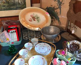 Vintage China Tea Set, Carnival-Finish Platter, Hull and McCoy Pottery