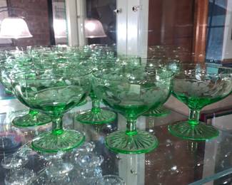 Vintage Green Glassware Etched Dessert Uranium Glass
