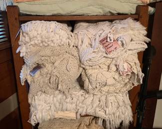 Assorted Vintage Beautifully Handmade Crochet Tablecloths, Chenille Bedspreads. and Vintage Mission Shelf