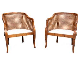 37 - Pair Midcentury Caned Barrel Back Chairs  29.5H x 25W x 25D