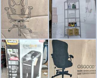 Office chairs, Desk, Paper shredder, Shelving, 