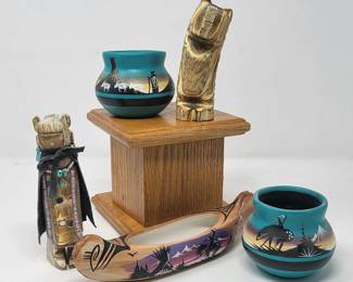 Authentic Native Art Pieces Pots, Canoe, Figurines