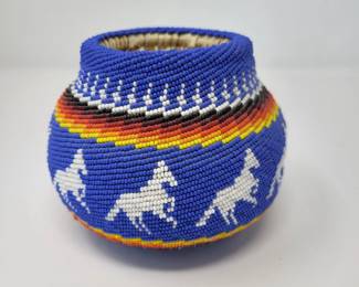 Authentic Navajo Glass Bead BlueWhite Horses Vase Norton