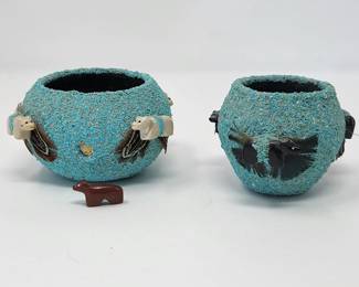 Authentic Marvelita Phillips Fetish Pots Black Bear  White Bear Feathers