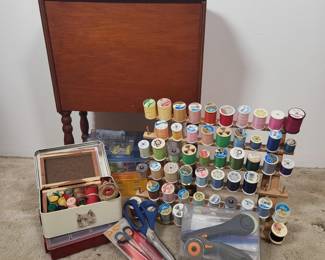 1940s Wood Standing Sewing Box with Sewing Notions