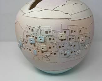Large 1980s pastel Shadrack Style Pottery Vase Pueblo Cutout