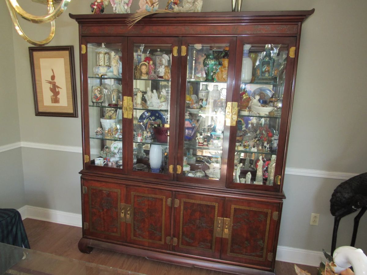 MCM carved Asian mirrored, lighted cabinet