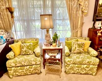 PAIR OF FUN GREEN CLUB CHAIRS, BRASS, AND MARBLE!