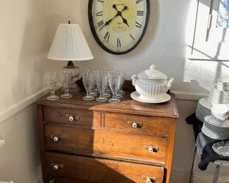 Clock, Chest of Drawers, Tureen, Lamp, Glasses, Platters