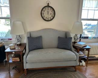 Ethan Allen Primitive Style Love Seat, Pair of Old Pine Side Tables, Pair of Lamps, Clock