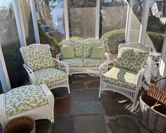 White Wicker Love Seat, 2 Chairs and Ottoman w/ Cushions