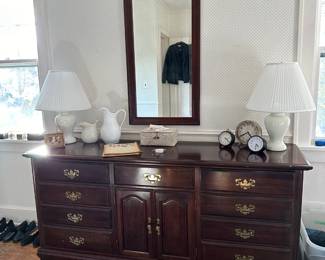 Dresser w/ Mirror, Lamps, Clocks