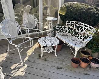 Victorian Style Cast Aluminum Outdoor Love Seat w/ Heart Back (3 Available),  Round Side Table (2 Available), Plant Stand, 2 of 4 Patio Chairs