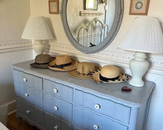 Dresser, Mirror, Lamps, Hats
