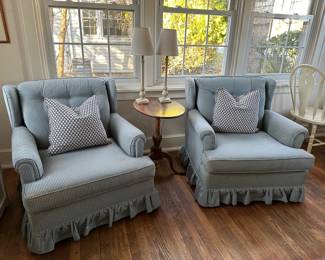 Pair of Arm Chairs, Old Tilt Top Table, Pair of Lamps
