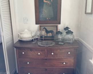 Prim Style Picture of a Girl, Old Chest of Drawers, Canisters, Stemware, Tureen