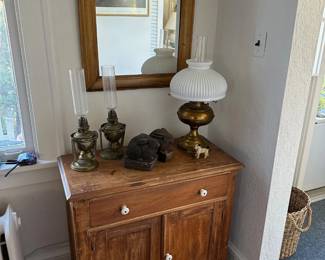 Old Washstand, Mirror, Pair of Nautical Swivel Ship Oil Lamps, Bunny Bookends, Electrified Oil Lamp
