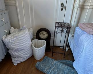 Pillows, Clock, Heart Trash Basket, Plant Stand, Braided Rug