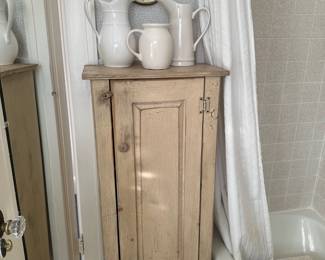 Medium Size Primitive Style Cupboard, Pitchers, Mirror