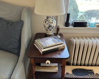 Pair of Old Pine Side Tables, Pair of Lamps, Books, Candles