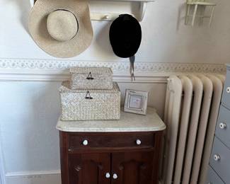 Old Marble Top Wash Stand, Baskets, Hats, Shelf
