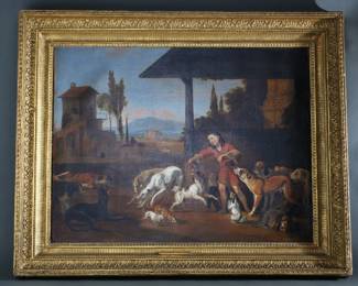 Antique Original Oil Painting Feeding of the Dogs Abraham Hondius Framed Art 	Artwork: 24x30in<BR>Frame: 31x38x3in	289028
