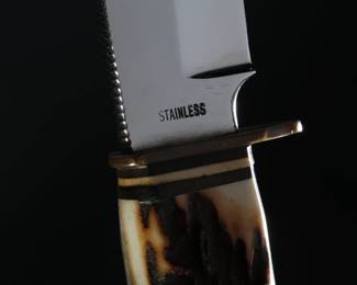 Hoffritz NY Vintage Bowie Knife Stag Handle With Sheath Made in Germany 	Knife: 9.1in Blade: 5.15in<BR>In Sheath: 9.45in	199034

