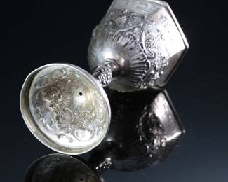 Antique Jewish Hexagonal Repousse Silver Kiddush Cup Wine Goblet	5.25in H x 3x2.6in at top 	289019
