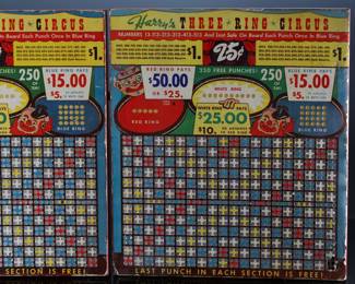 Lot of 2 Vintage Punchboards Gambling Punch Boards Harry’s Three Ring Circus Trade Stimulators 	14.75x13in 	196011
